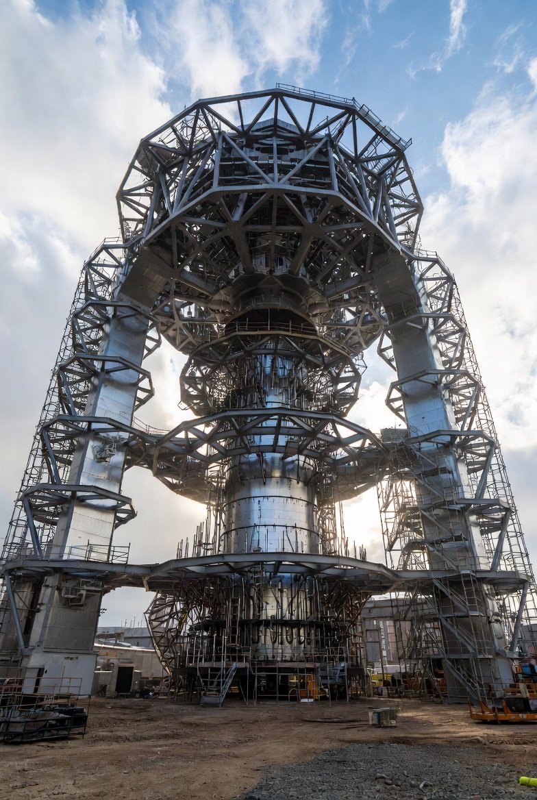 โรงงานควอนตัมคอมพิวเตอร์ขนาดมหึมาที่กำลังก่อสร้าง แสดงให้เห็นโครงสร้างเหล็กขนาดใหญ่ที่ล้อมรอบแกนกลางของระบบควอนตัม