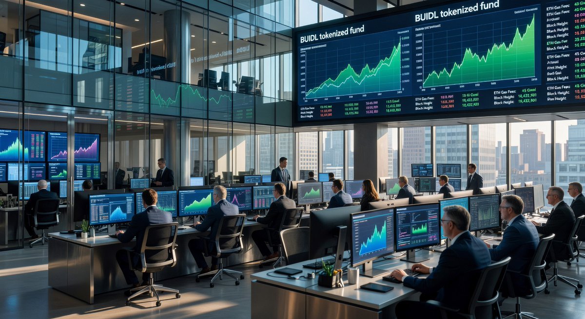 ภาพแสดงห้องเทรดสถาบันที่มีจอแสดงกราฟกองทุน BUIDL tokenized fund ของ BlackRock