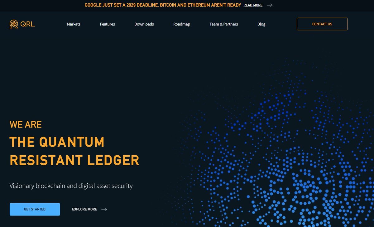 หน้าเว็บไซต์ Quantum Resistant Ledger ที่แสดงแบนเนอร์ Google ตั้งเดดไลน์ปี 2029