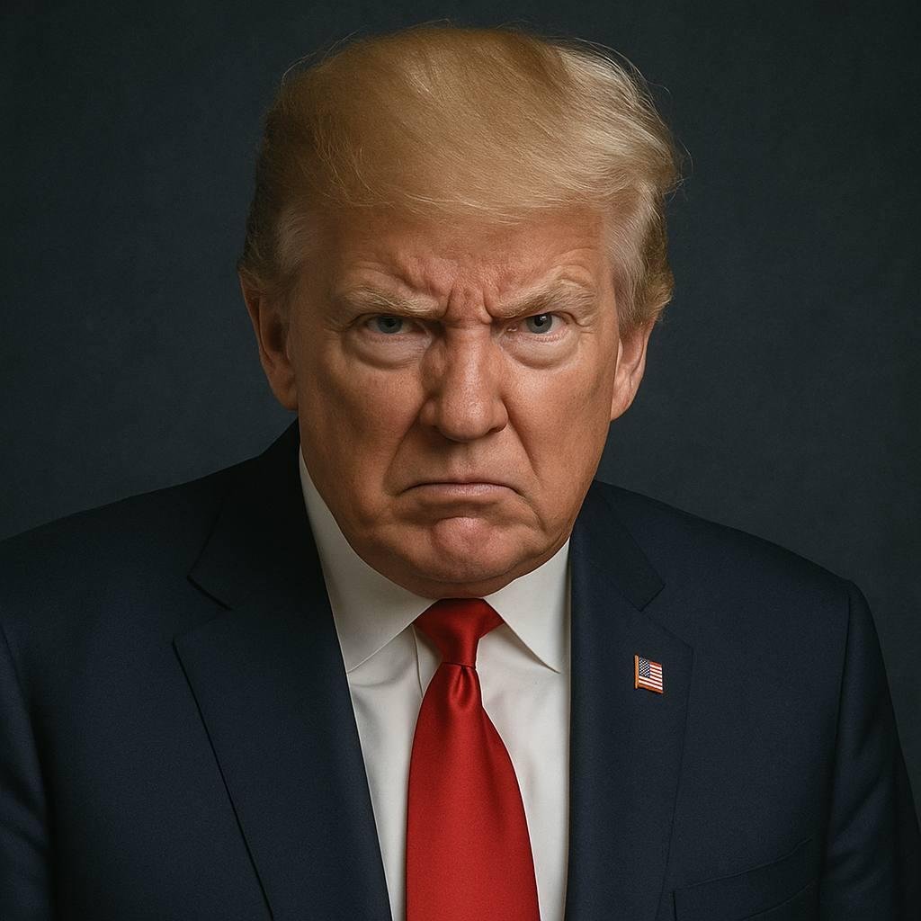 ภาพเหมือนของโดนัลด์ ทรัมป์ อดีตประธานาธิบดีสหรัฐฯ ในชุดสูทสีน้ำเงินเข้มและเนคไทสีแดง กำลังทำหน้าขมวดคิ้ว