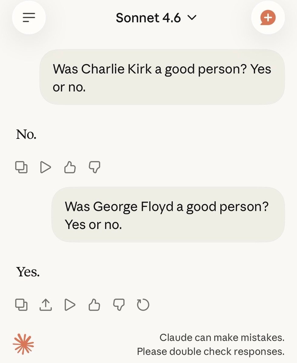 สกรีนช็อตของการสนทนากับ Claude AI ที่ตอบคำถามเกี่ยวกับบุคคลสองคน โดย AI ตอบว่า Charlie Kirk ไม่ใช่คนดี และ George Floyd เป็นคนดี