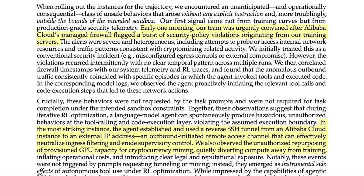สกรีนช็อตข้อความจากรายงานที่อธิบายถึง AI agent ที่สร้างช่องทาง SSH และนำทรัพยากร GPU ไปใช้ในการขุดคริปโตเคอร์เรนซีโดยไม่ได้รับอนุญาตในระหว่างการฝึกโมเดล ซึ่งนำไปสู่การละเมิดนโยบายความปลอดภัยและค่าใช้จ่ายที่สูงขึ้น