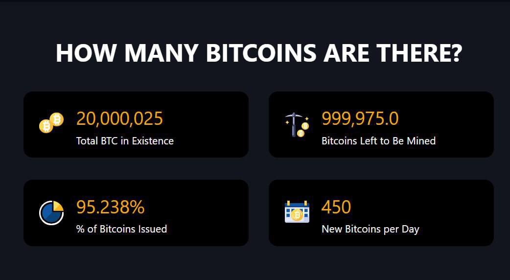 ภาพแสดงข้อมูลสถิติ Bitcoin รวมถึงจำนวน BTC ที่มีอยู่ในระบบ (20,000,025), จำนวน BTC ที่เหลือให้ขุด (999,975.0) และเปอร์เซ็นต์ของ Bitcoin ที่ถูกออกไปแล้ว (95.238%)