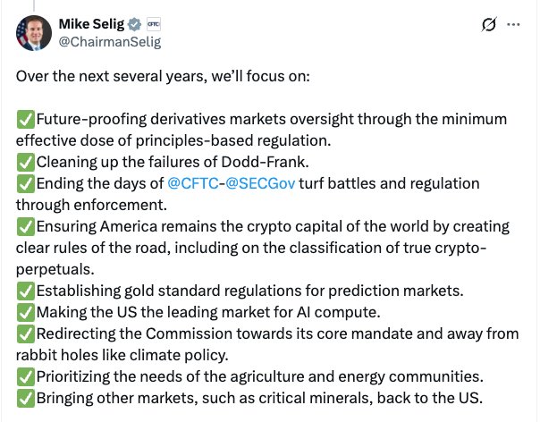 สกรีนช็อตทวีตจาก Mike Selig ประธาน CFTC ที่ประกาศแผนงานหลายปี รวมถึงการสร้างความชัดเจนทางกฎหมายคริปโต การยุติข้อพิพาทกับ SEC และการผลักดันให้สหรัฐฯ เป็นผู้นำด้าน AI compute