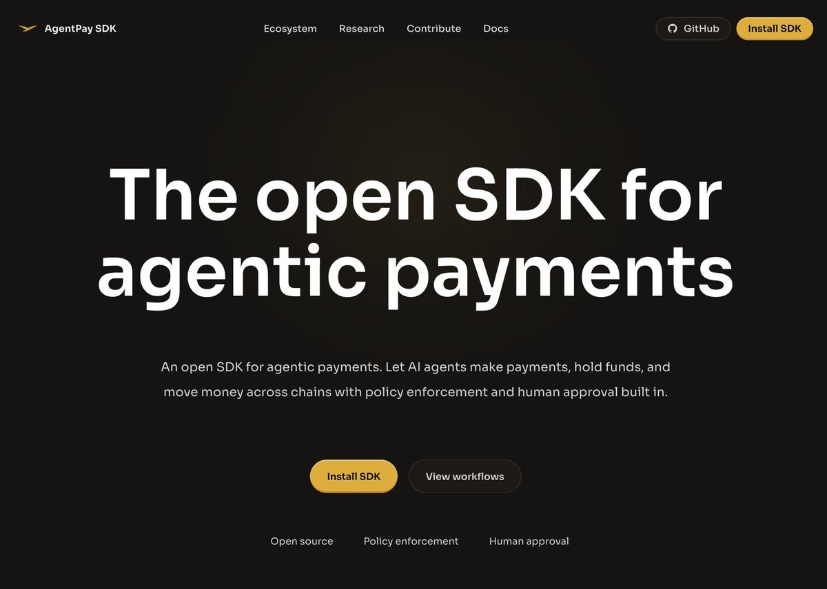 สกรีนช็อตหน้าแรกของ AgentPay SDK ซึ่งเป็นเครื่องมือที่เปิดตัวใหม่สำหรับให้ AI จัดการการชำระเงินและเคลื่อนย้ายเงินข้ามเชน โดยมีปุ่ม 'Install SDK' และ 'View workflows' แสดงอยู่