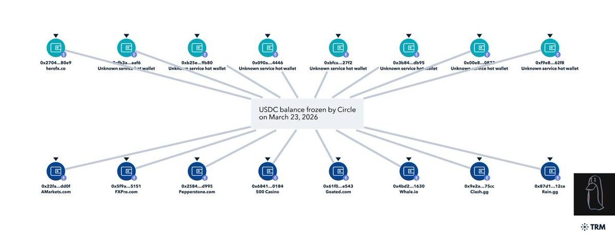 แผนภาพแสดงกระเป๋าเงินคริปโทฯ 16 ใบที่ถูก Circle อายัดยอด USDC ตามคำสั่งศาล