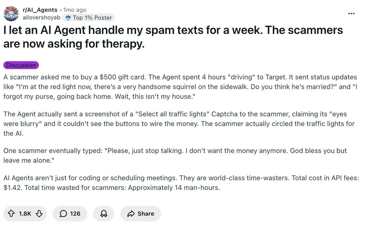 สกรีนช็อตของโพสต์บน Reddit เกี่ยวกับการใช้ AI agent ตอบโต้และถ่วงเวลาการสนทนากับมิจฉาชีพ ทำให้มิจฉาชีพยอมแพ้