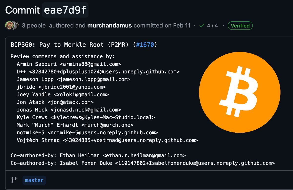 สกรีนช็อตหน้าคอมมิตบน GitHub สำหรับ BIP360: Pay to Merkle Root (P2MR) แสดงรหัสคอมมิต ผู้เขียน ผู้เขียนร่วม และผู้ให้ความช่วยเหลือในการตรวจสอบ