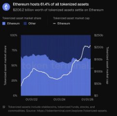 กราฟแสดงส่วนแบ่งตลาดสินทรัพย์โทเคนของ Ethereum เทียบกับเครือข่ายอื่น และมูลค่าตลาดที่เพิ่มขึ้นถึง 206.2 พันล้านดอลลาร์