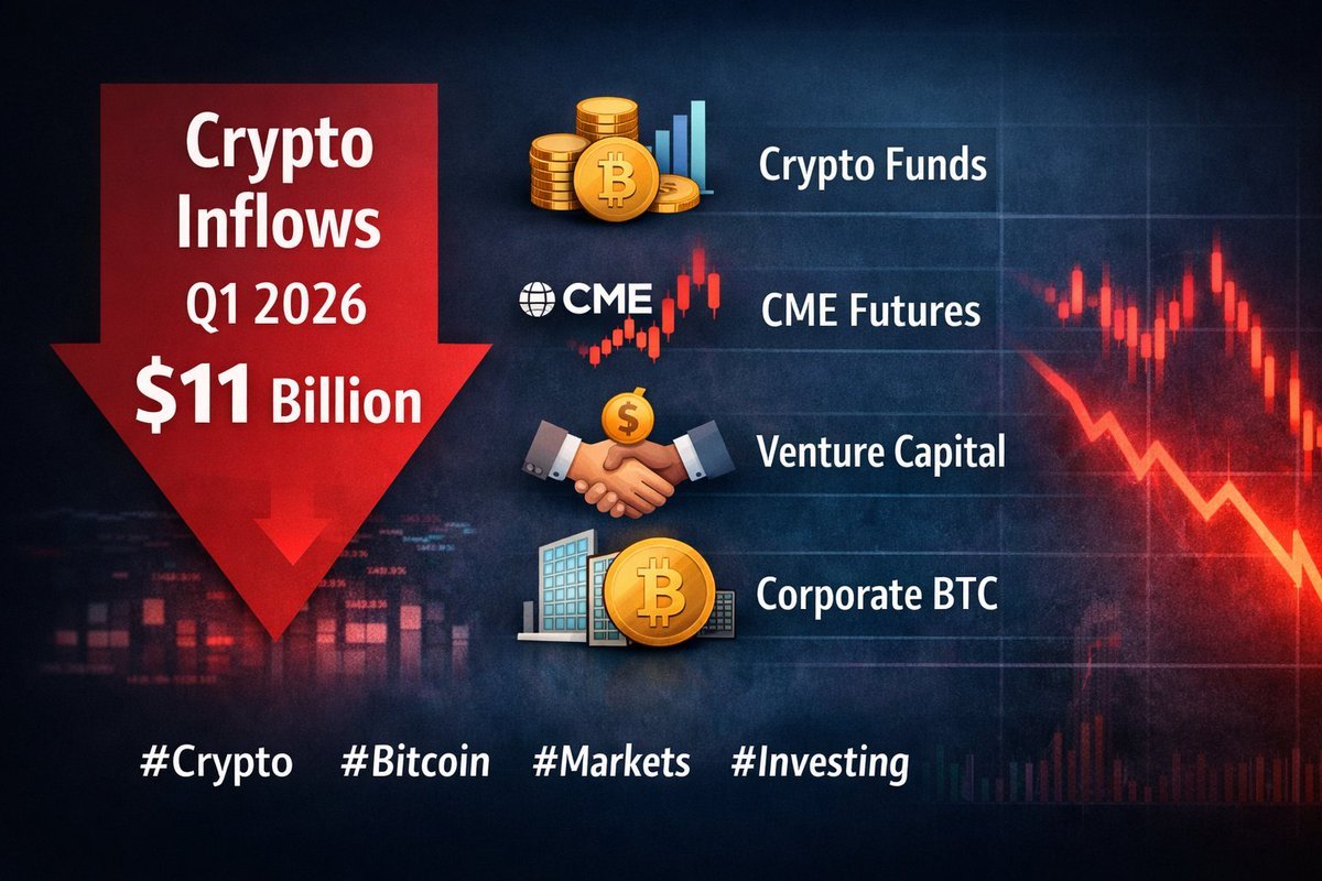 อินโฟกราฟิกแสดงเงินไหลเข้าคริปโต Q1 2026 ที่ $1.1 หมื่นล้าน