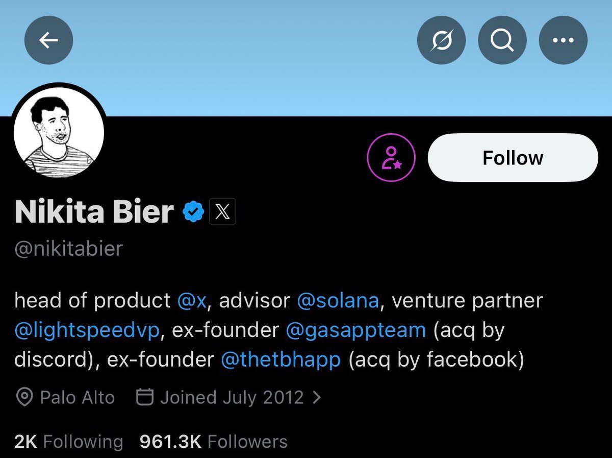 โปรไฟล์ X ของ Nikita Bier แสดงตำแหน่ง Head of Product ที่ X และ Advisor ที่ Solana