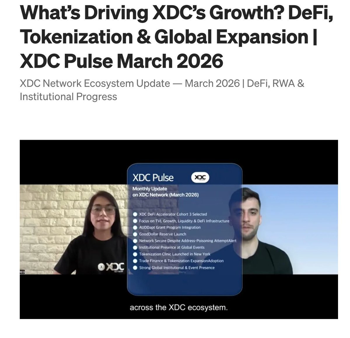 ภาพจากรายการ XDC Pulse เดือนมีนาคม 2026 รายงานความก้าวหน้าด้าน DeFi, RWA และ Institutional Adoption