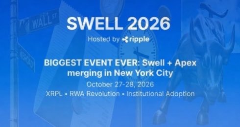 โปสเตอร์งาน Swell 2026 ของ Ripple ที่รวมกับ Apex จัดขึ้นที่นิวยอร์ก เน้นหัวข้อ RWA Revolution และ Institutional Adoption