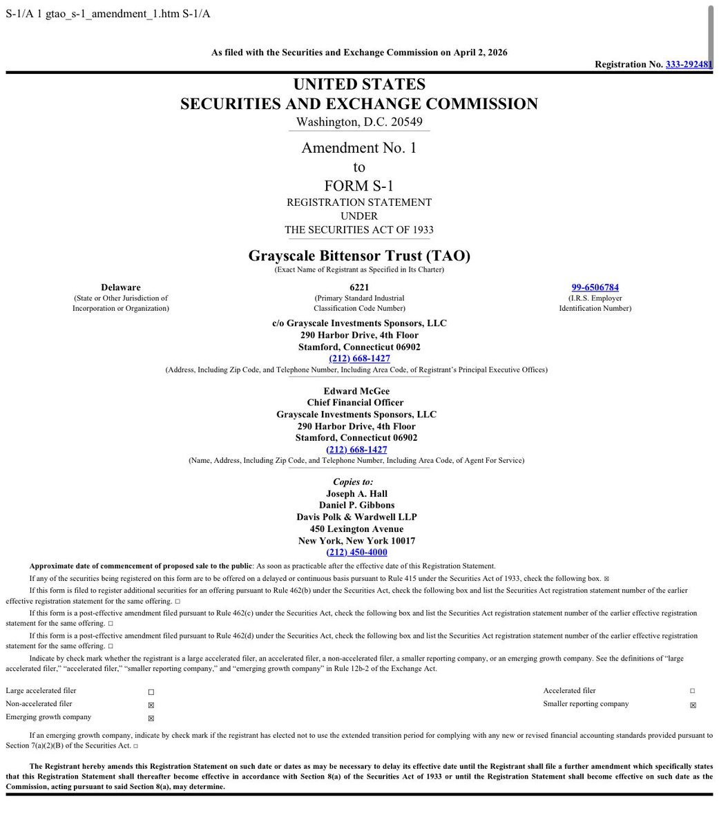 ภาพเอกสารการยื่นแก้ไขแบบฟอร์ม S-1 ของ Grayscale Bittensor Trust ต่อสำนักงานคณะกรรมการกำกับหลักทรัพย์และตลาดหลักทรัพย์ (SEC)