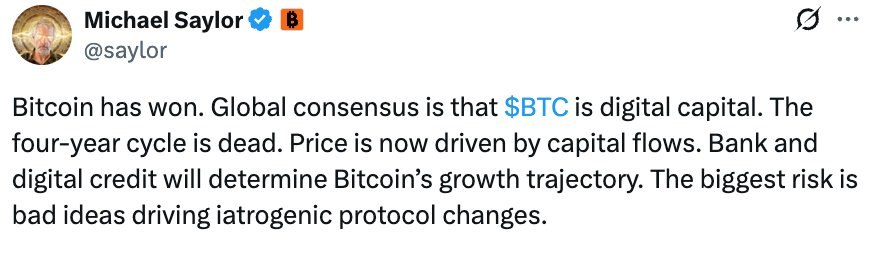 สกรีนช็อตโพสต์ของ Michael Saylor บน Twitter ที่ระบุว่าวัฏจักร 4 ปีของ Bitcoin สิ้นสุดลงแล้ว และราคาถูกขับเคลื่อนด้วยเงินทุนจากสถาบัน