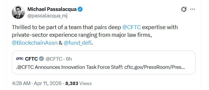สกรีนช็อตทวีตของ Michael Passalacqua ผู้ที่เกี่ยวข้องกับคณะทำงานเฉพาะกิจด้านนวัตกรรมของ CFTC ซึ่งมีการฝังทวีตประกาศอย่างเป็นทางการจาก CFTC เกี่ยวกับการแต่งตั้งบุคลากรของคณะทำงานดังกล่าว