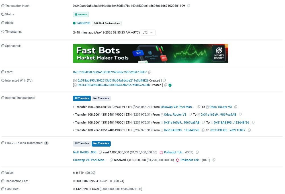 สกรีนช็อตจากบล็อกเชนเอ็กซ์พลอเรอร์ แสดงรายละเอียดการทำธุรกรรมการโอน DOT จำนวน 1,000,000,000 โทเคน และการขายออกเป็น ETH มูลค่า 237,975.31 ดอลลาร์สหรัฐฯ