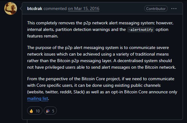 สกรีนช็อตคอมเมนต์ของ btcdrak ในปี 2016 ซึ่งเป็นผู้ร่วมพัฒนา Bitcoin Core เกี่ยวกับการนำระบบแจ้งเตือนเครือข่าย p2p ออกจาก Bitcoin