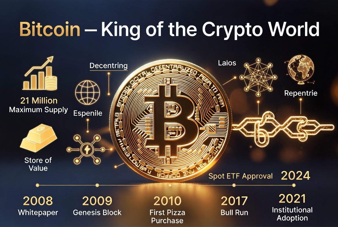 Bitcoin King of the Crypto World infographic showing key milestones from 2008 whitepaper to 2024 spot ETF approval