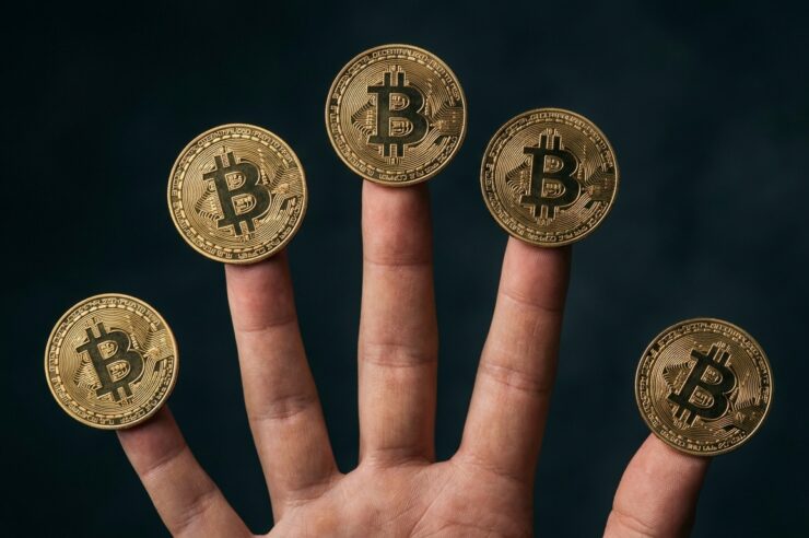 เหรียญ Bitcoin วางบนปลายนิ้วทั้งห้า สื่อถึง 5 ปัจจัยที่ดันราคาขึ้น