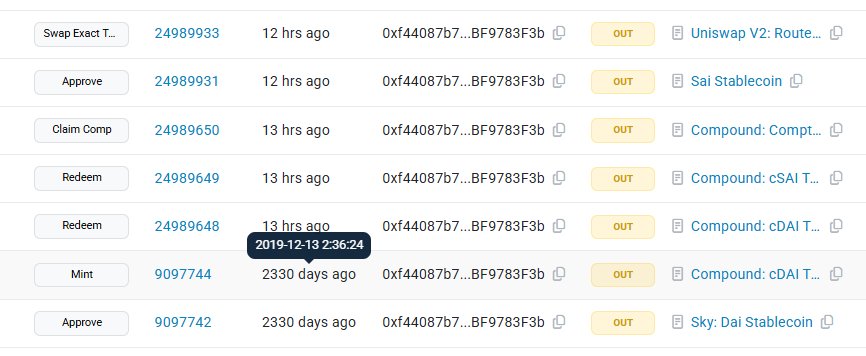สกรีนช็อตแสดงรายการธุรกรรมบนบล็อกเชนจากกระเป๋า Ethereum เก่า โดยมีธุรกรรมล่าสุดเป็นขาออก (OUT) เกิดขึ้นเมื่อ 12-13 ชั่วโมงที่แล้ว และธุรกรรมเก่าสุดเมื่อ 2330 วันก่อน