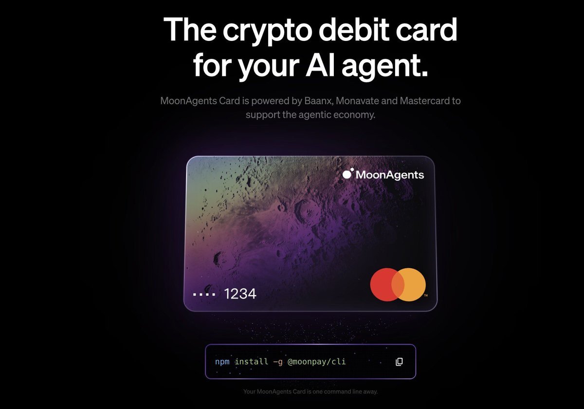 ภาพกราฟิกแสดงบัตรเดบิต MoonAgents Card ซึ่งเป็นบัตรเดบิตคริปโตสำหรับ AI agent โดยสามารถใช้จ่าย Stablecoin ผ่าน Mastercard ได้