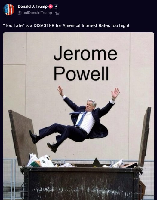โพสต์จาก Donald J. Trump แสดงภาพ Jerome Powell กำลังตกลงไปในถังขยะ พร้อมข้อความวิพากษ์วิจารณ์ Powell และอัตราดอกเบี้ย
