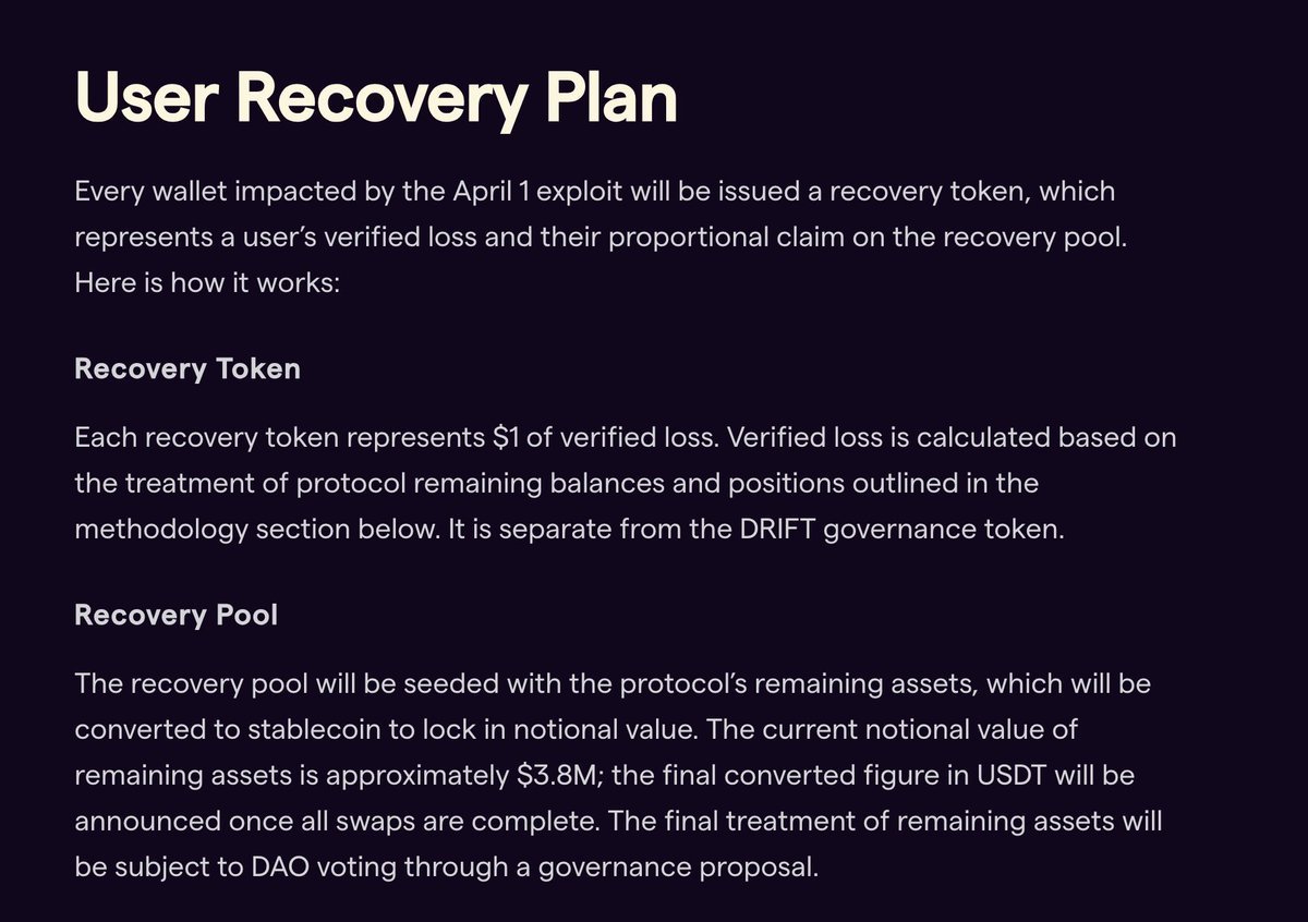 สกรีนช็อตของเอกสาร'User Recovery Plan' จาก Drift Protocol ซึ่งอธิบายแผนการชดเชยผู้เสียหายหลังการโจมตีเมื่อวันที่ 1 เมษายน