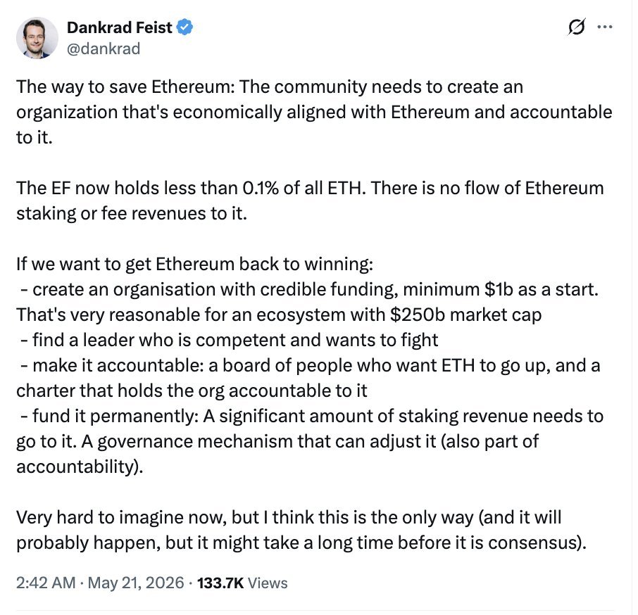 สกรีนช็อตทวีตของ Dankrad Feist ที่เสนอให้มีการจัดตั้งองค์กรใหม่เพื่อสนับสนุน Ethereum ด้วยเงินทุนเริ่มต้นอย่างน้อย 1 พันล้านดอลลาร์