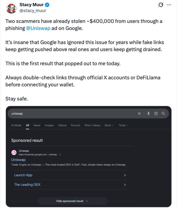 สกรีนช็อตของโพสต์บน Twitter ที่แสดงผลการค้นหา Google สำหรับ'uniswap' ซึ่งมี'Sponsored result' ที่เป็นโฆษณาปลอมของ Uniswap ปรากฏอยู่