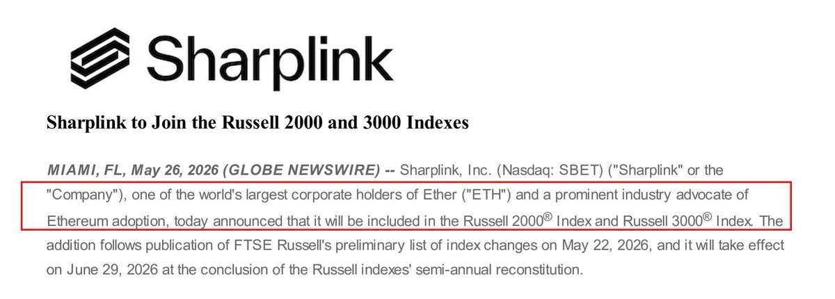 สกรีนช็อตข่าวประชาสัมพันธ์ของ SharpLink เกี่ยวกับการเข้าสู่ดัชนี Russell 2000 และ 3000