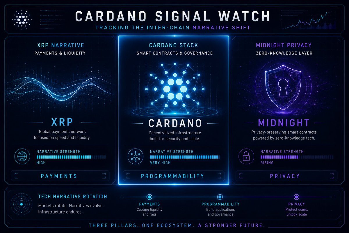 อินโฟกราฟิกเปรียบเทียบเรื่องเล่าทางเทคโนโลยีระหว่าง XRP Cardano และ Midnight