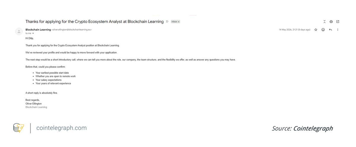 สกรีนช็อตอีเมลจากบริษัท Blockchain Learning ที่มิจฉาชีพใช้เป็นหลักฐานการแอบอ้างตัวเพื่อหลอกผู้สมัครงาน