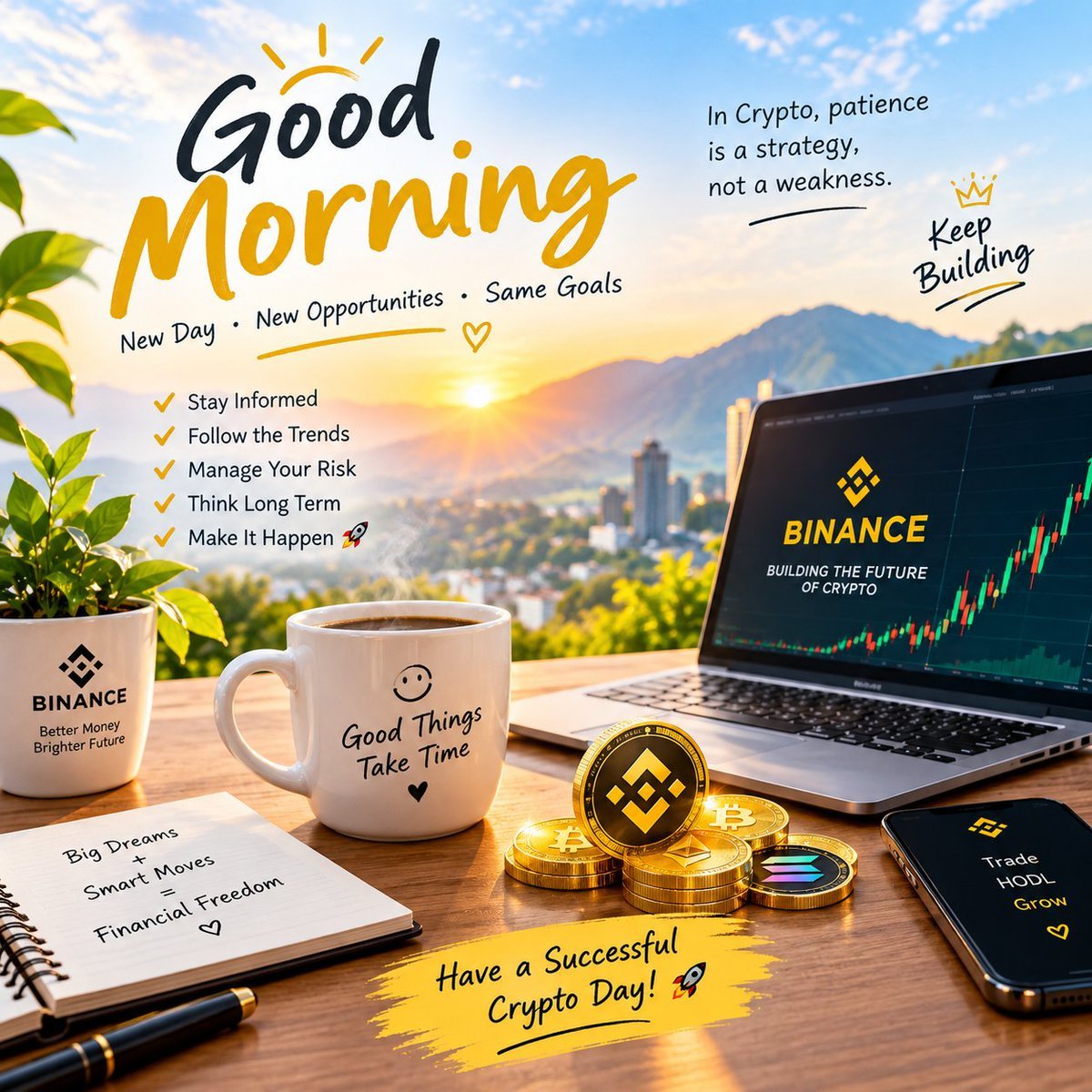 ภาพโปรโมตยามเช้าธีม Binance พร้อมแล็ปท็อปแสดงกราฟและข้อความบริหารความเสี่ยง