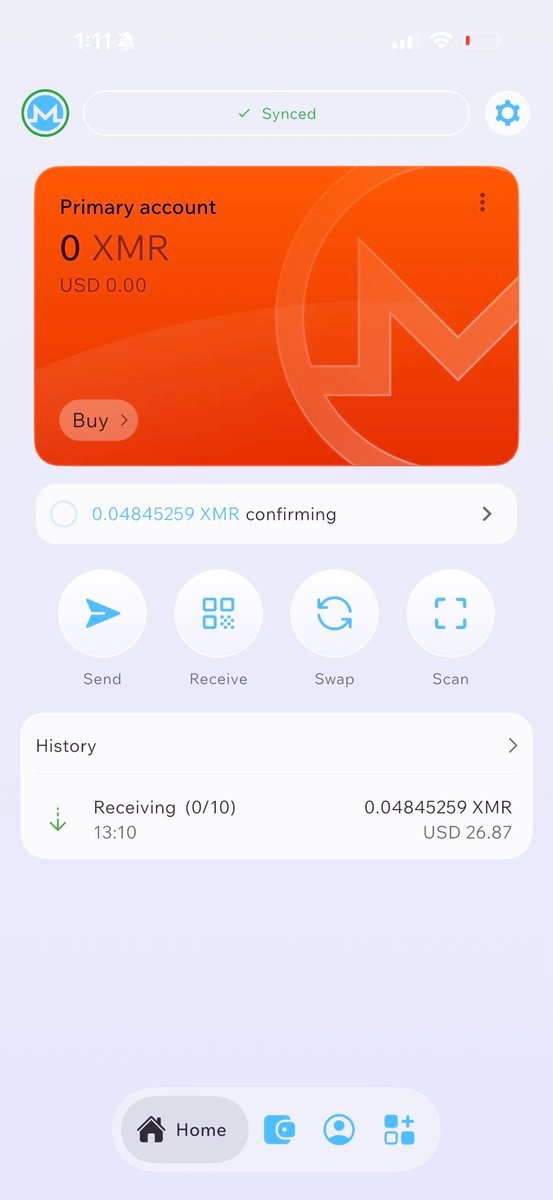 หน้าจอ Cake Wallet แสดงธุรกรรม Monero ที่กำลังรอการยืนยัน