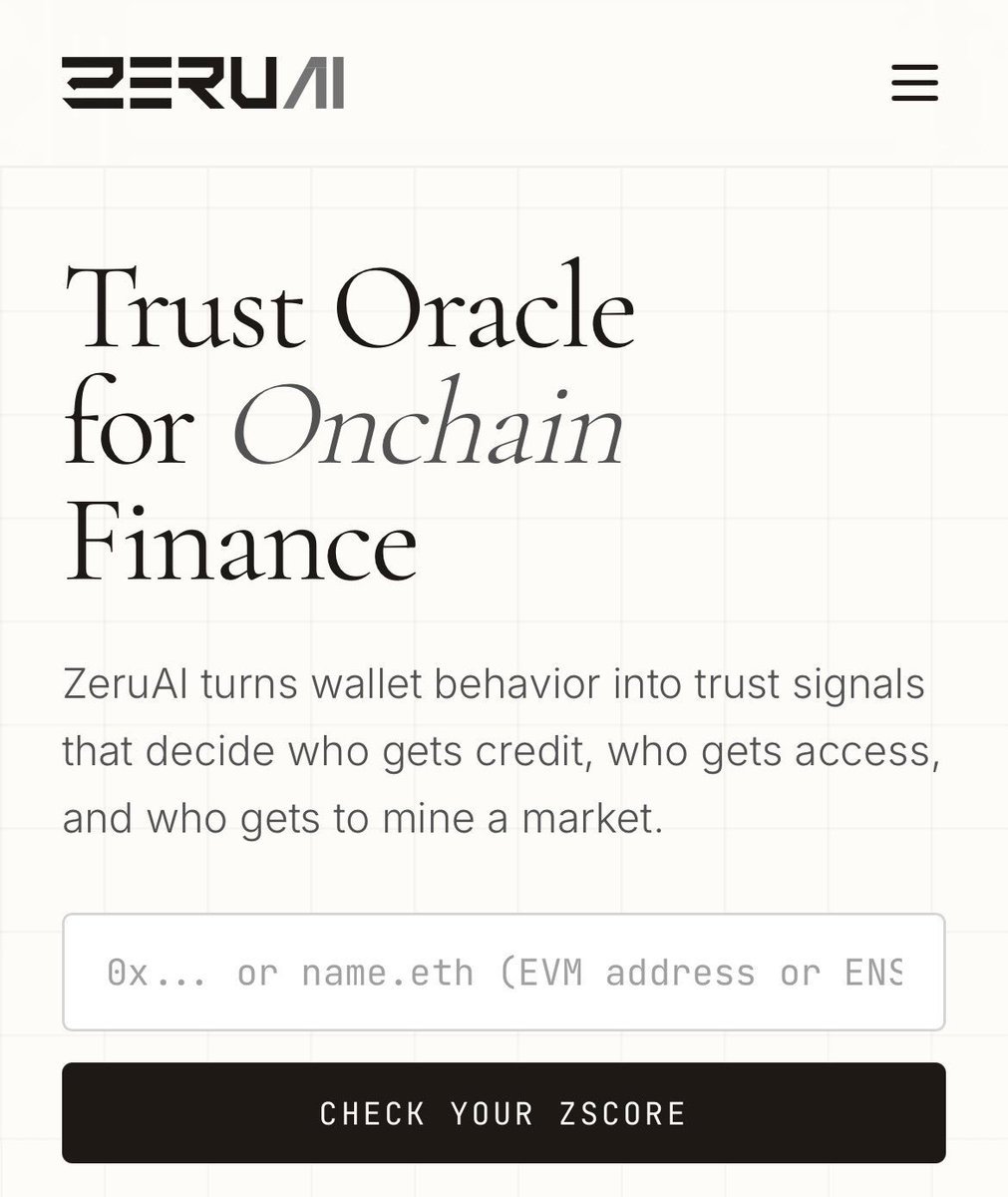 หน้าเว็บ ZeruAI Trust Oracle ให้ใส่ที่อยู่กระเป๋าใดก็ได้เพื่อเช็ก zScore