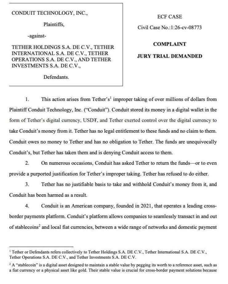 สกรีนช็อตคำฟ้องที่ Conduit Technology, Inc. ยื่นต่อศาลในนิวยอร์ก ฟ้อง Tether Holdings และบริษัทที่เกี่ยวข้องอ้างว่า Tether อายัดเงิน USDT มูลค่า 2.76 ล้านดอลลาร์โดยไม่มีเหตุผลและปฏิเสธการคืนเงิน
